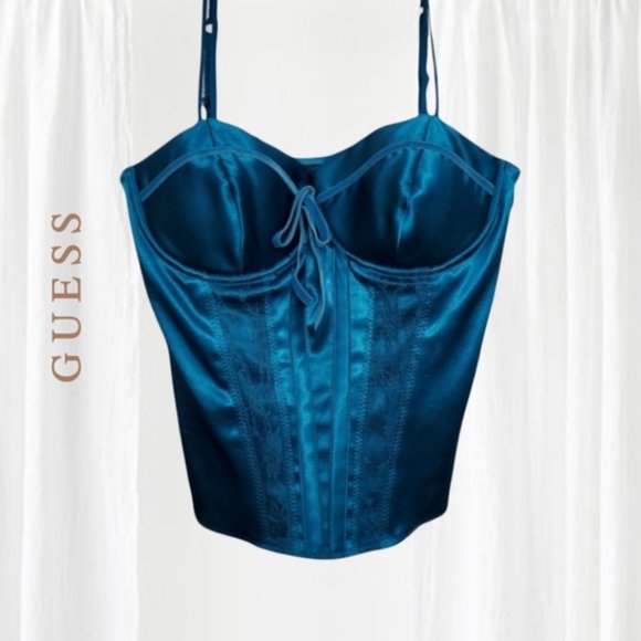 GUESS ORIGINAL- True Vintage Vivid Cerulean Blue Satin Bustier Corset Top - Picture 1 of 10